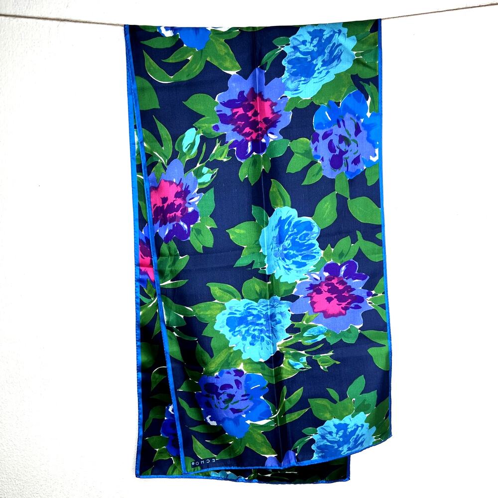 ECHO Vintage Silk Scarf Rectangle Blue Peony Floral Flowers Green Pink